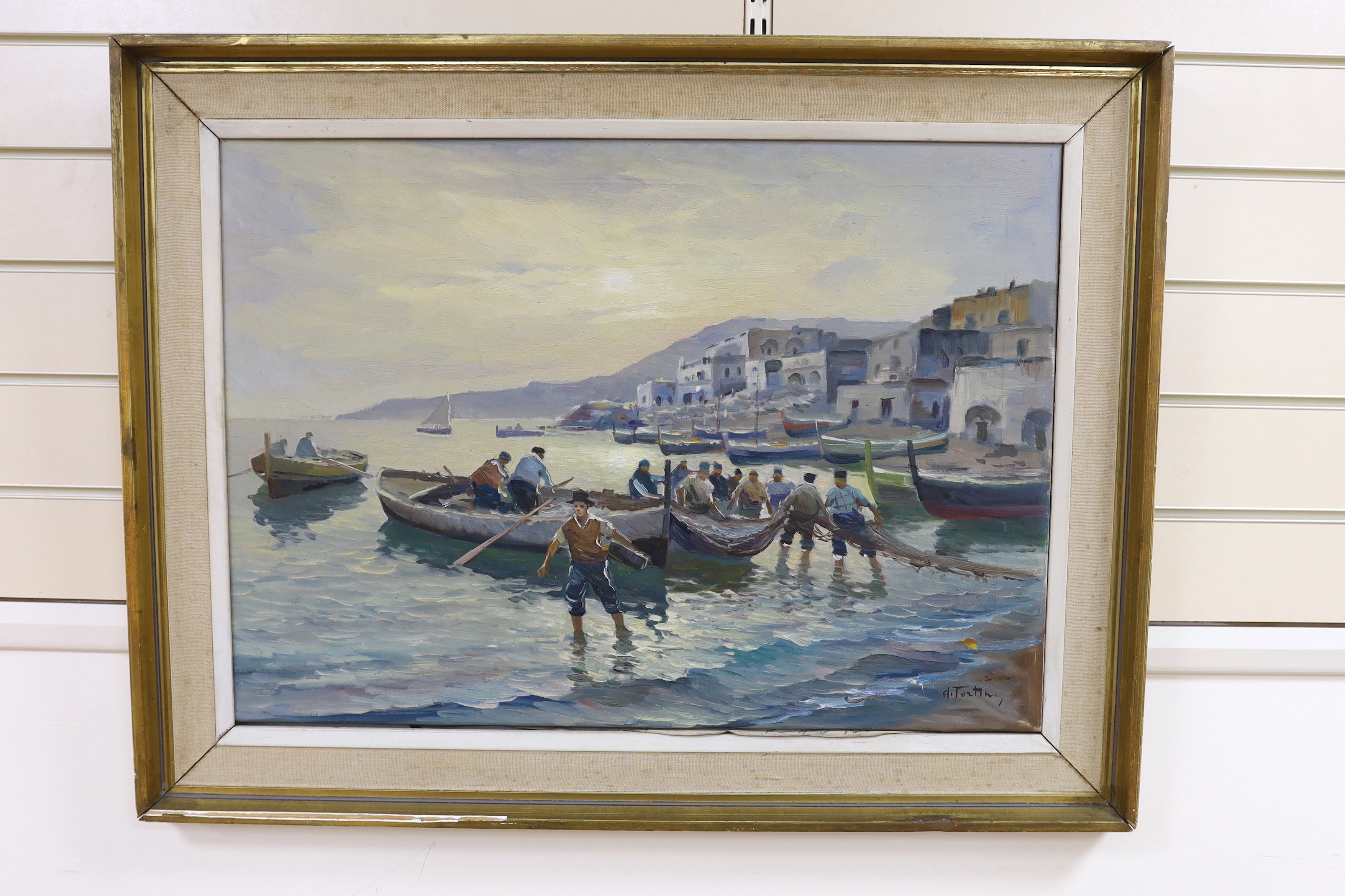 Tortini, impressionist oil on canvas, Harbour scene with figures and fishing boats, signed, 50 x 70cm